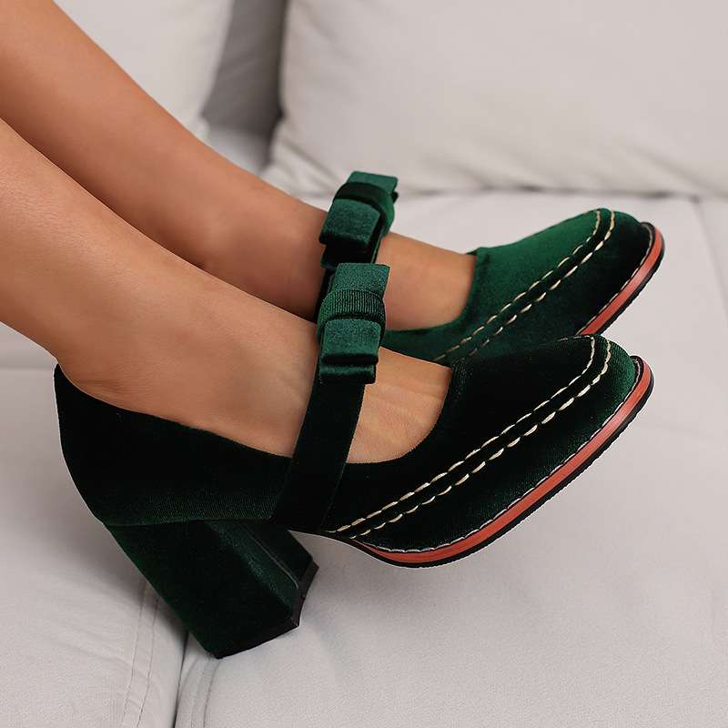 Women's Velvet Mary Jane Block Heel Shoes Bow Detail