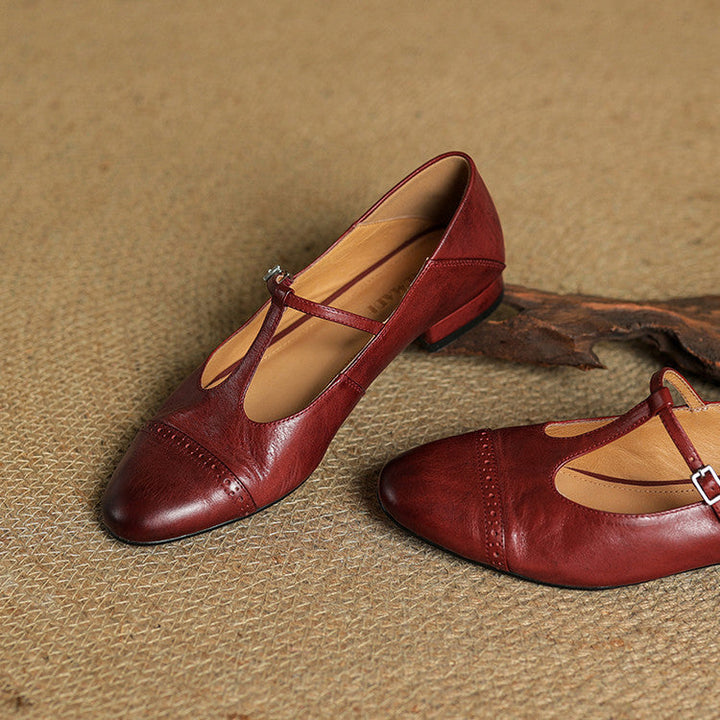 Women's Genuine Leather Buckle Strap Brogue Detail Shoe