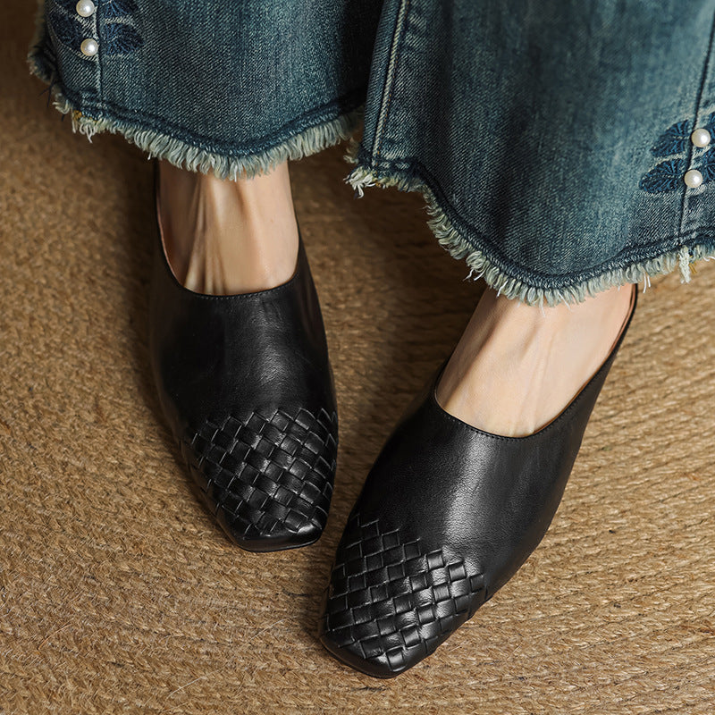 Women's Orthopaedic Genuine Leather Woven Square Toe Loafer Mules