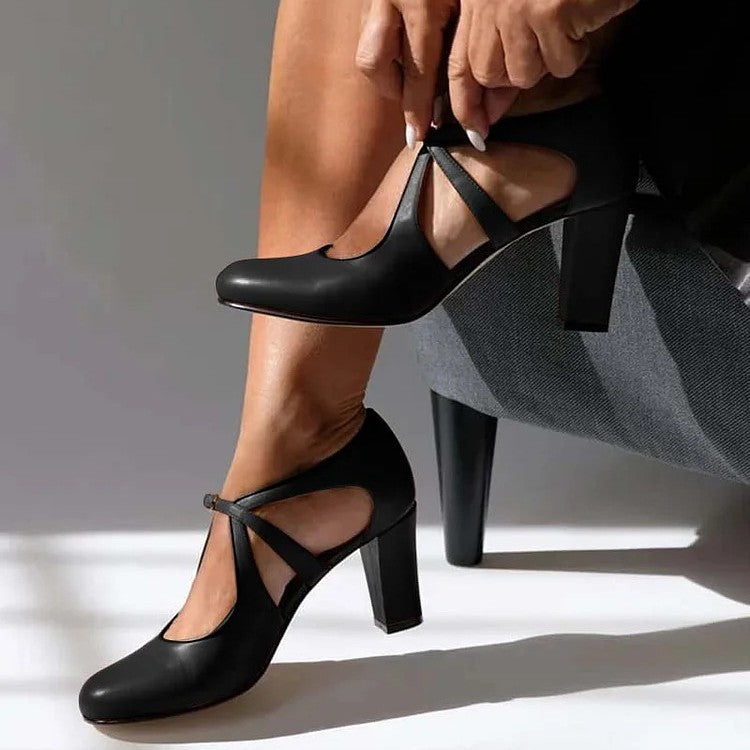 Women's Leather Buckle Strap Cutout Block Heel Pumps