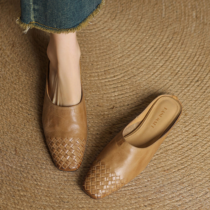 Women's Orthopaedic Genuine Leather Woven Square Toe Loafer Mules