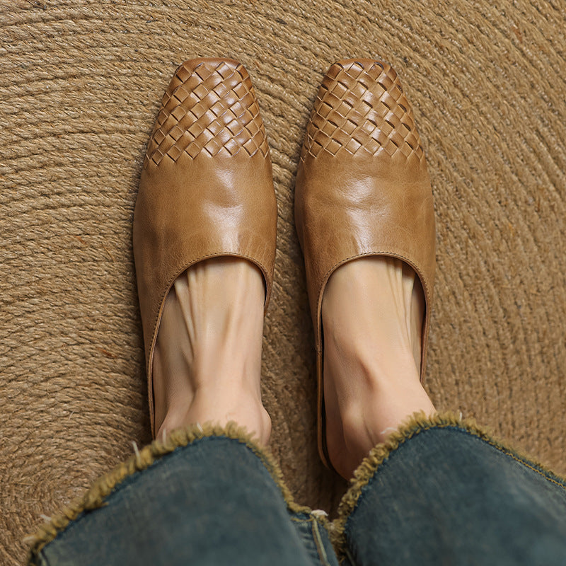 Women's Orthopaedic Genuine Leather Woven Square Toe Loafer Mules