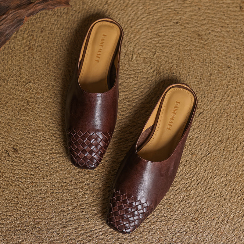 Women's Orthopaedic Genuine Leather Woven Square Toe Loafer Mules