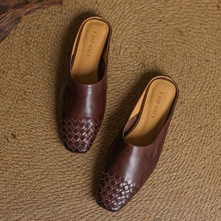 Women's Orthopaedic Genuine Leather Woven Square Toe Loafer Mules