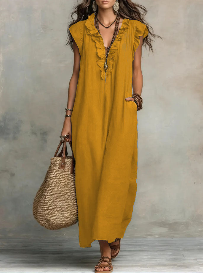 Women's Linen Ruffle Trim V-Neck Sleeveless Maxi Dress with Pockets