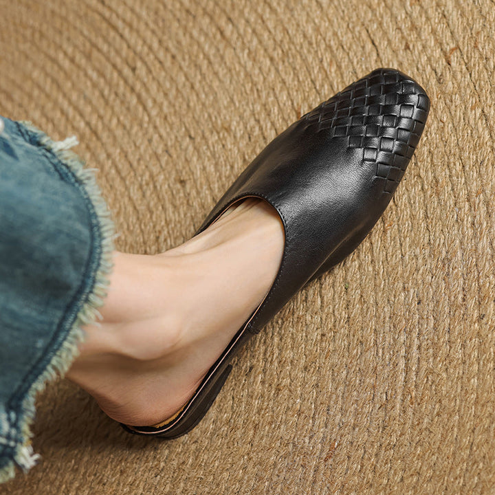 Women's Orthopaedic Genuine Leather Woven Square Toe Loafer Mules