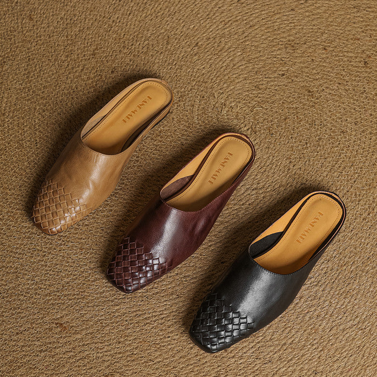 Women's Orthopaedic Genuine Leather Woven Square Toe Loafer Mules