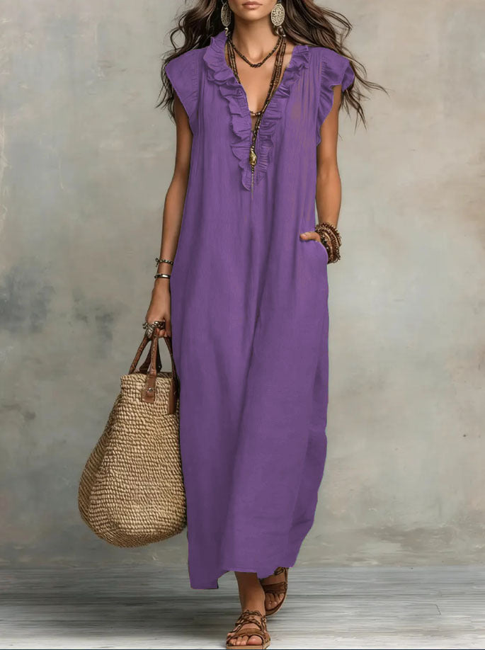 Women's Linen Ruffle Trim V-Neck Sleeveless Maxi Dress with Pockets