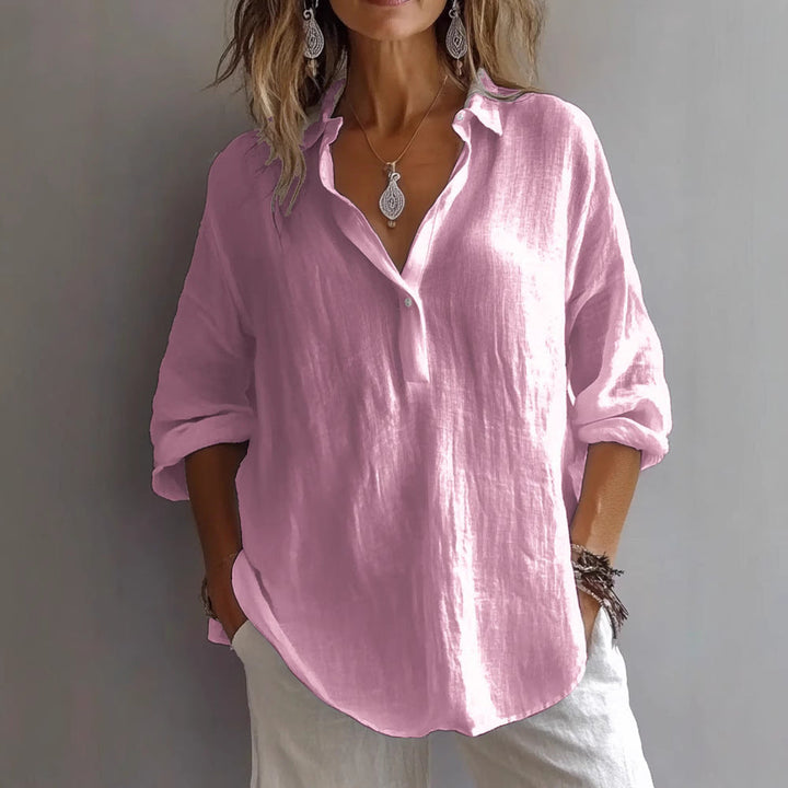 Women's Casual Linen Shirt with Button Placket and Wide Sleeve