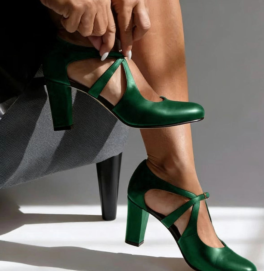 Women's Leather Buckle Strap Cutout Block Heel Pumps