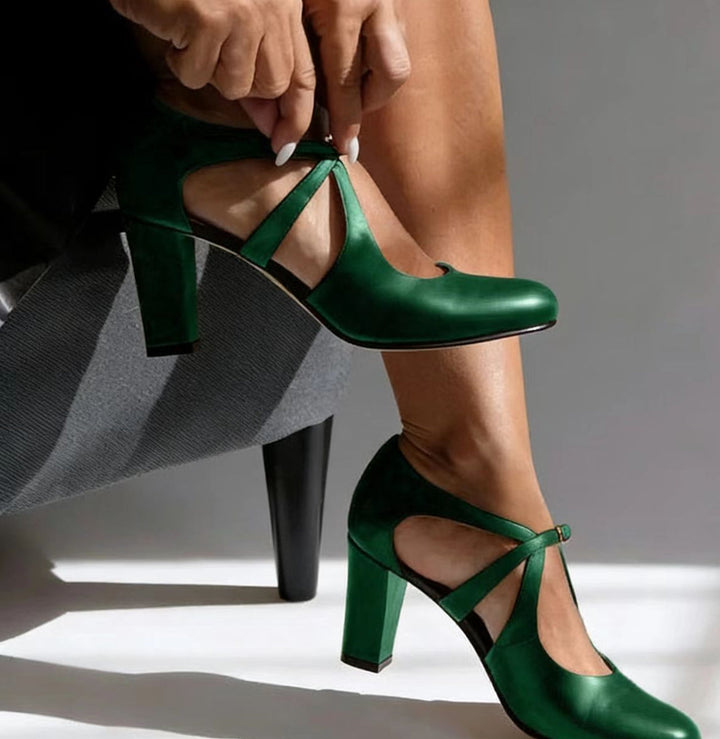 Women's Leather Buckle Strap Cutout Block Heel Pumps
