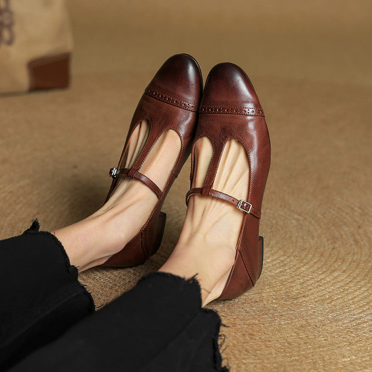 Women's Genuine Leather Buckle Strap Brogue Detail Shoe