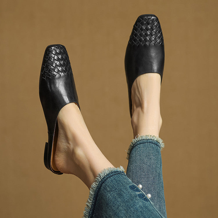 Women's Orthopaedic Genuine Leather Woven Square Toe Loafer Mules