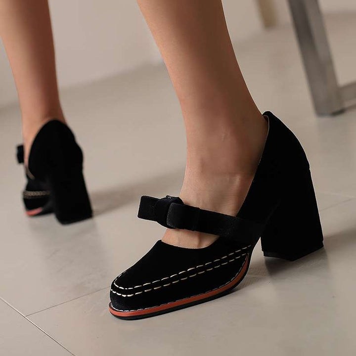 Women's Velvet Mary Jane Block Heel Shoes Bow Detail