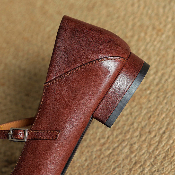 Women's Genuine Leather Buckle Strap Brogue Detail Shoe