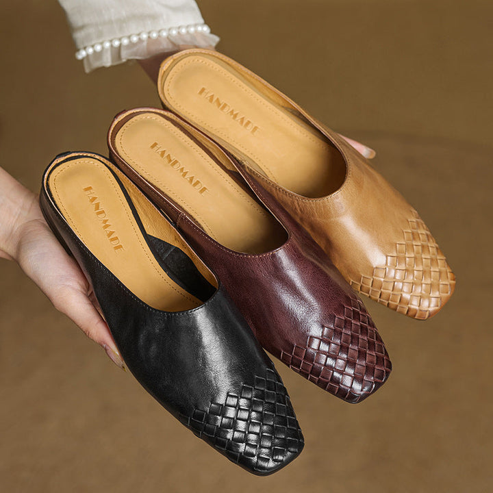 Women's Orthopaedic Genuine Leather Woven Square Toe Loafer Mules