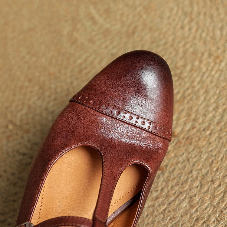 Women's Genuine Leather Buckle Strap Brogue Detail Shoe