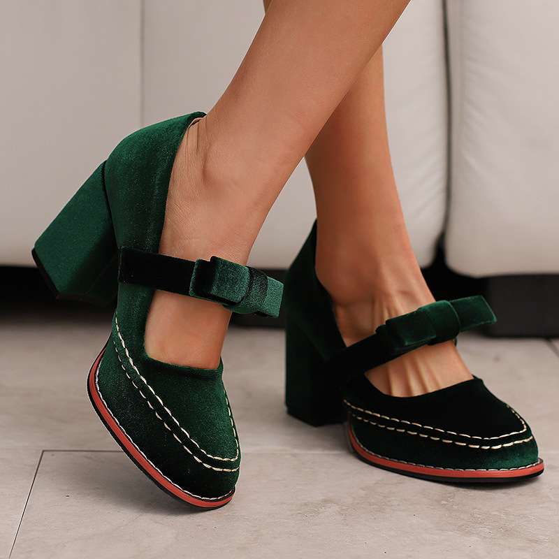 Women's Velvet Mary Jane Block Heel Shoes Bow Detail