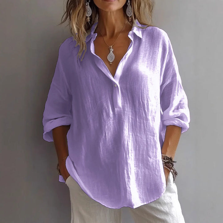 Women's Casual Linen Shirt with Button Placket and Wide Sleeve