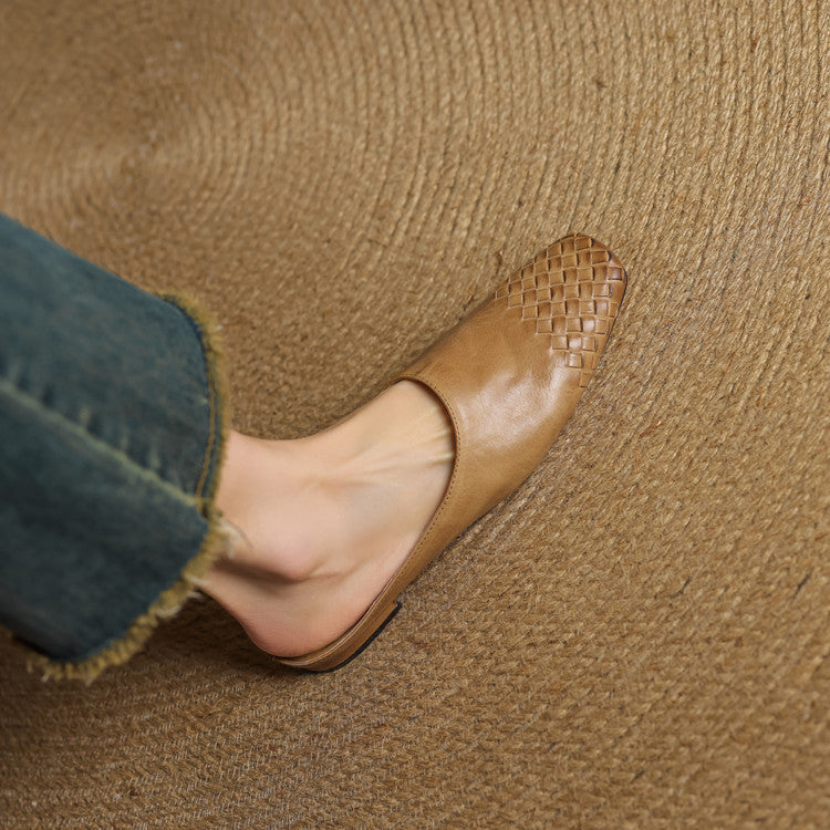 Women's Orthopaedic Genuine Leather Woven Square Toe Loafer Mules