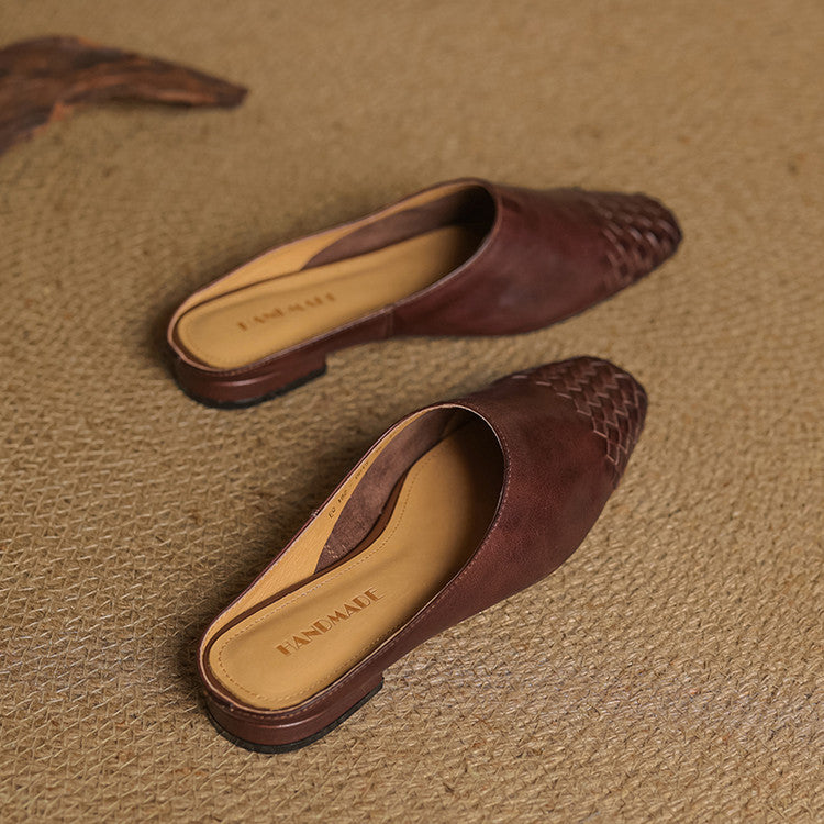 Women's Orthopaedic Genuine Leather Woven Square Toe Loafer Mules