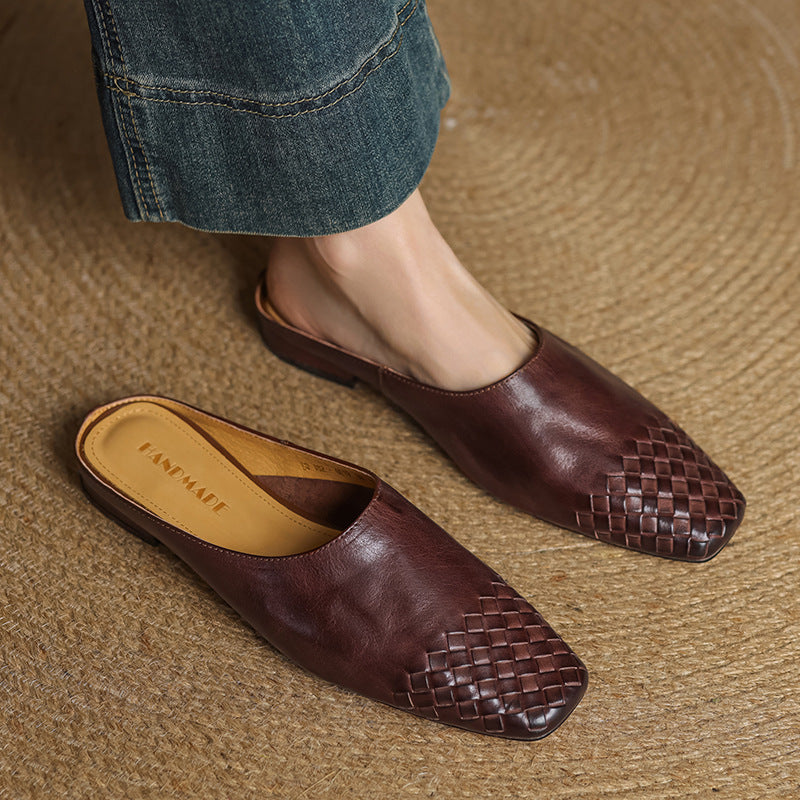 Women's Orthopaedic Genuine Leather Woven Square Toe Loafer Mules