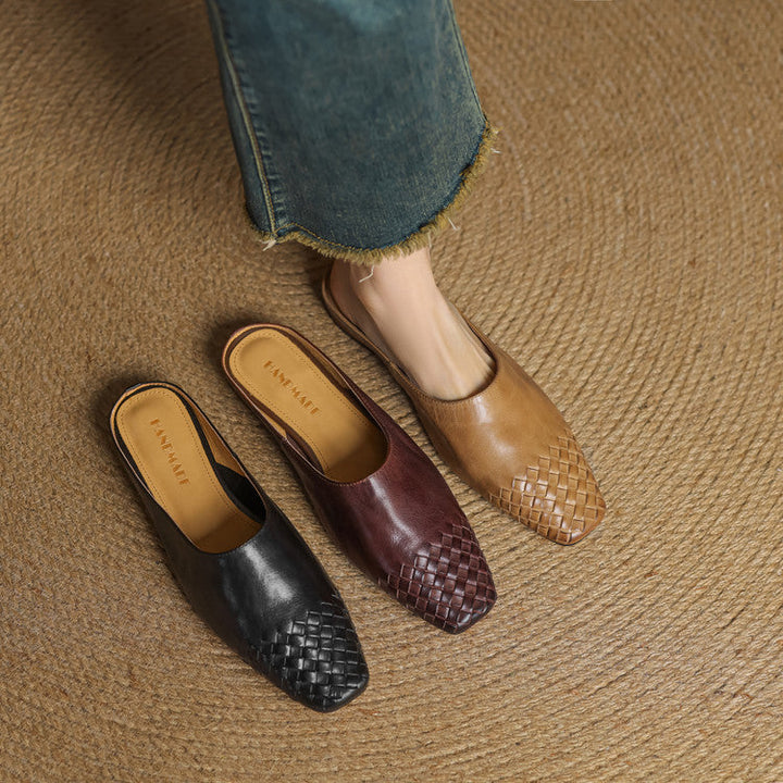 Women's Orthopaedic Genuine Leather Woven Square Toe Loafer Mules