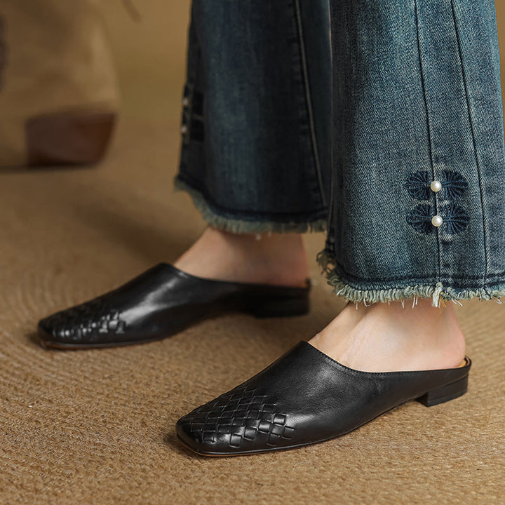 Women's Orthopaedic Genuine Leather Woven Square Toe Loafer Mules