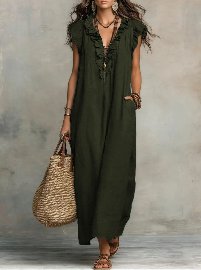 Women's Linen Ruffle Trim V-Neck Sleeveless Maxi Dress with Pockets