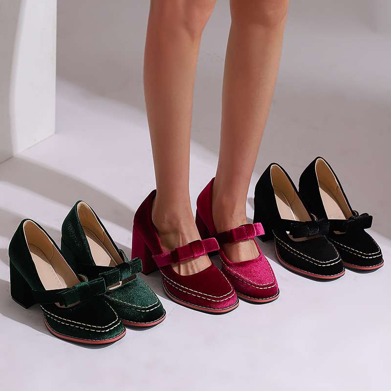 Women's Velvet Mary Jane Block Heel Shoes Bow Detail