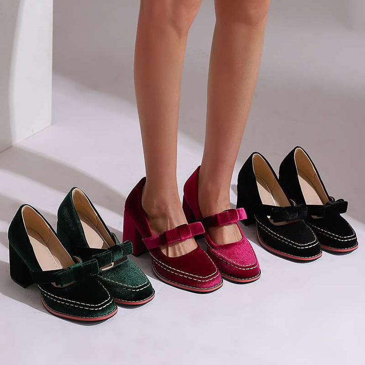 Women's Velvet Mary Jane Block Heel Shoes Bow Detail