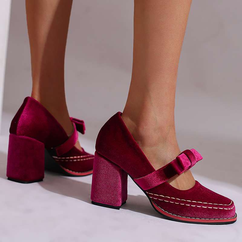 Women's Velvet Mary Jane Block Heel Shoes Bow Detail