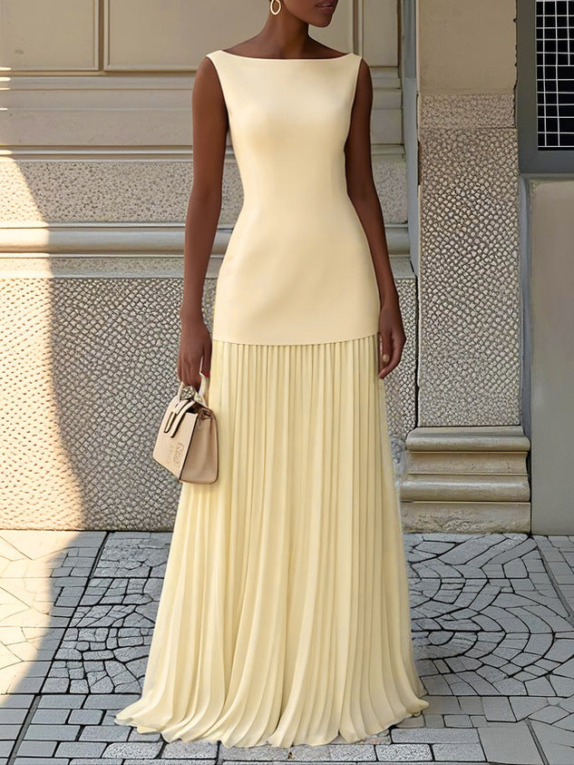 Women's Bateau Neck Sleeveless Pleated Maxi Dress