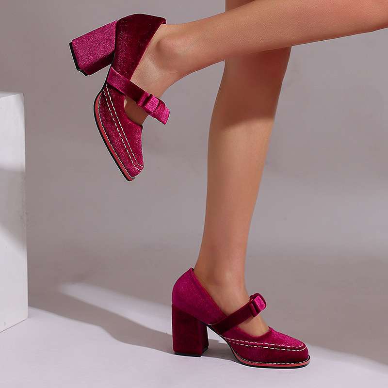 Women's Velvet Mary Jane Block Heel Shoes Bow Detail