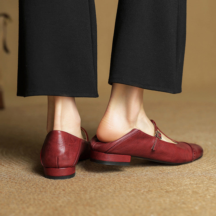 Women's Genuine Leather Buckle Strap Brogue Detail Shoe