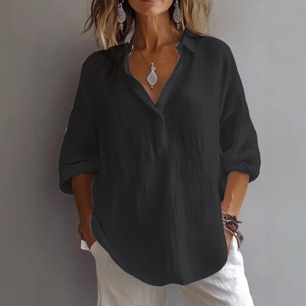 Women's Casual Linen Shirt with Button Placket and Wide Sleeve