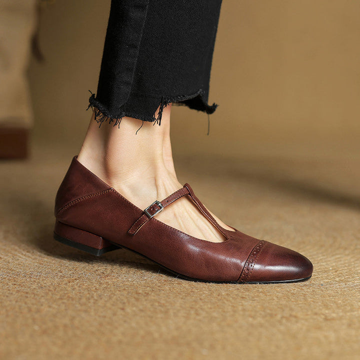 Women's Genuine Leather Buckle Strap Brogue Detail Shoe