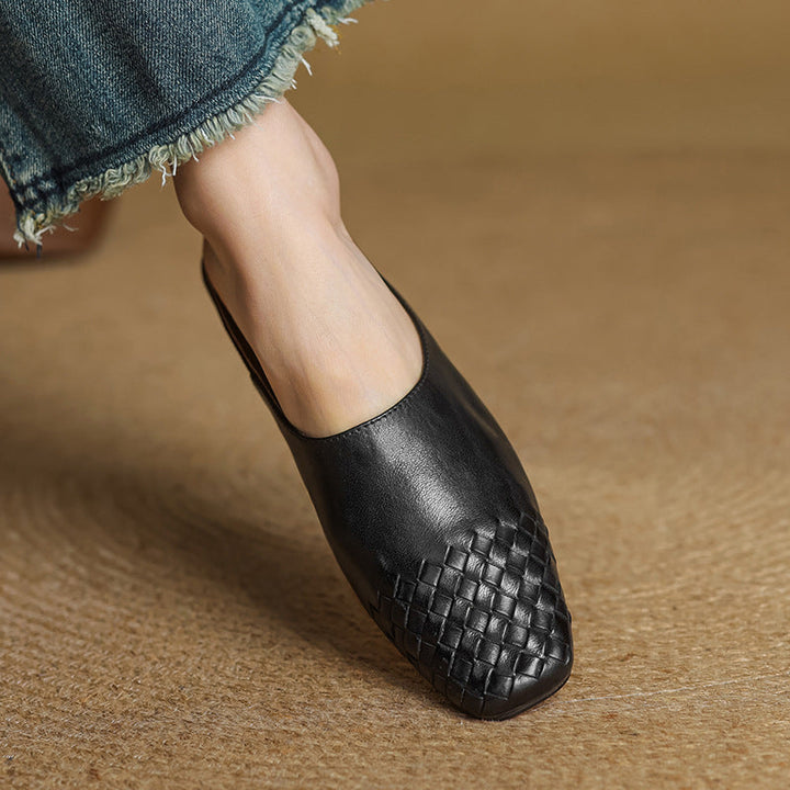 Women's Orthopaedic Genuine Leather Woven Square Toe Loafer Mules