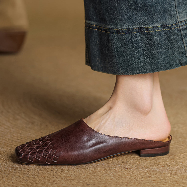 Women's Orthopaedic Genuine Leather Woven Square Toe Loafer Mules