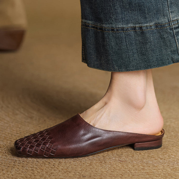 Women's Orthopaedic Genuine Leather Woven Square Toe Loafer Mules