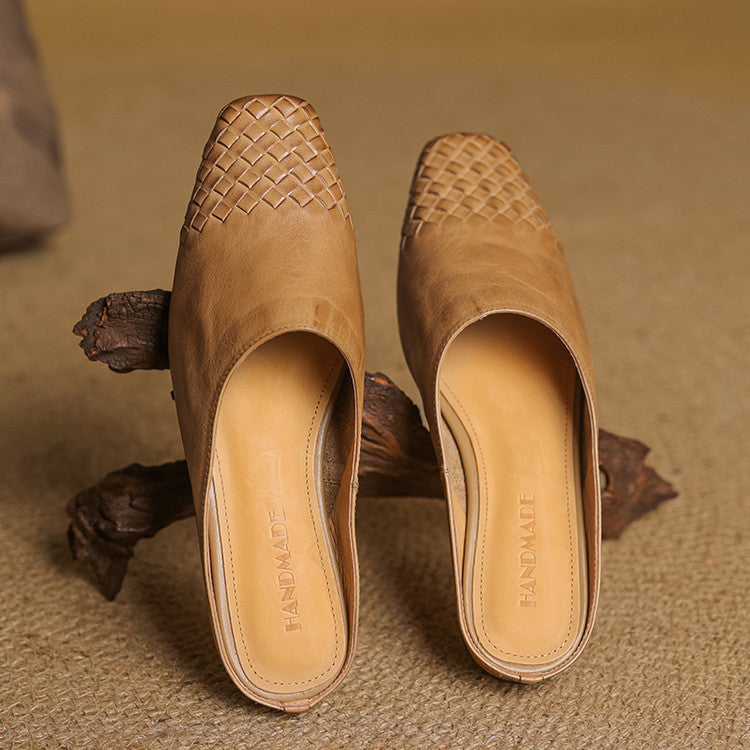 Women's Orthopaedic Genuine Leather Woven Square Toe Loafer Mules