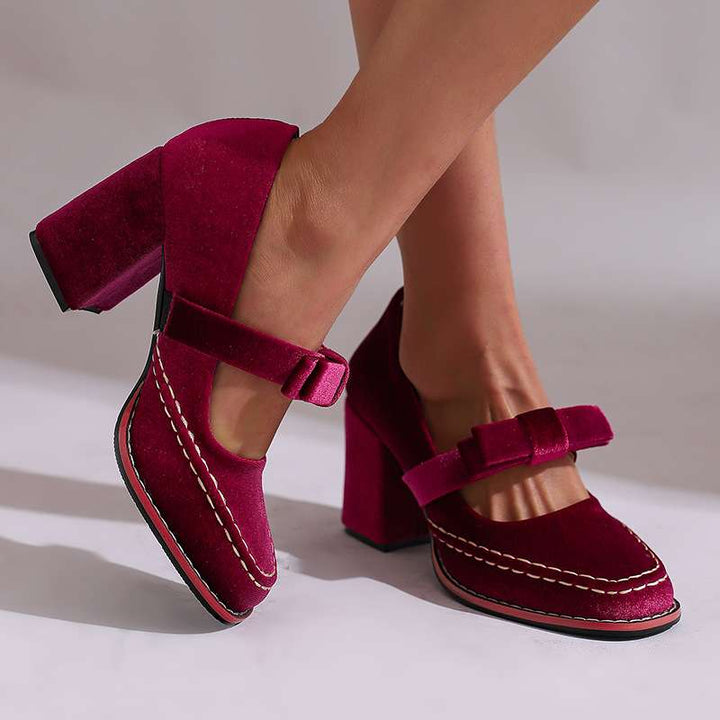 Women's Velvet Mary Jane Block Heel Shoes Bow Detail