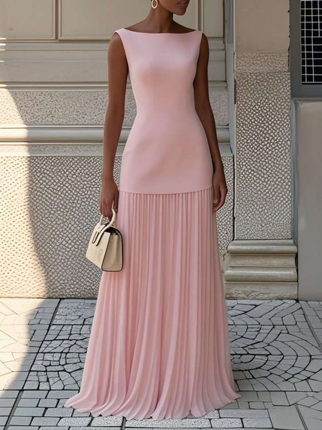 Women's Bateau Neck Sleeveless Pleated Maxi Dress