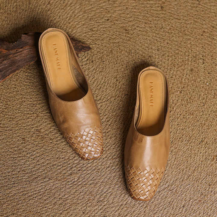Women's Orthopaedic Genuine Leather Woven Square Toe Loafer Mules