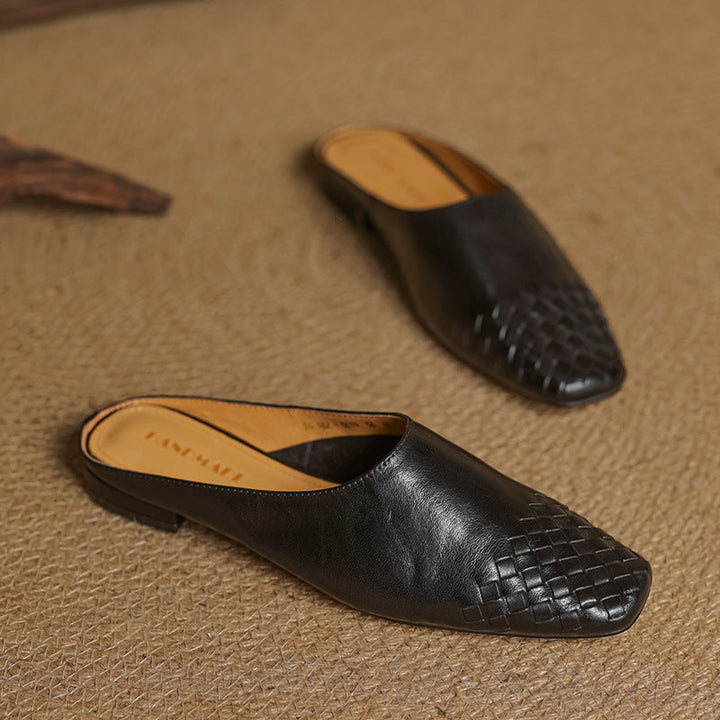 Women's Orthopaedic Genuine Leather Woven Square Toe Loafer Mules