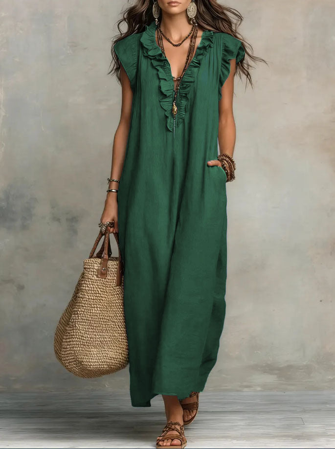 Women's Linen Ruffle Trim V-Neck Sleeveless Maxi Dress with Pockets