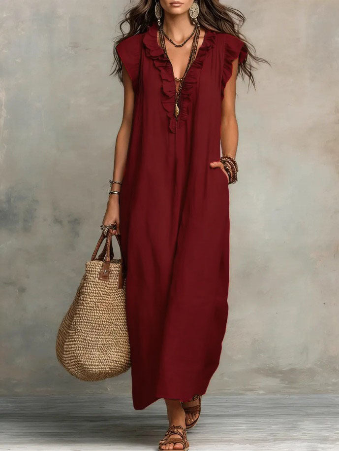 Women's Linen Ruffle Trim V-Neck Sleeveless Maxi Dress with Pockets