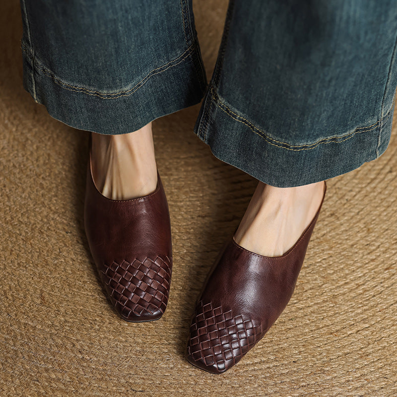 Women's Orthopaedic Genuine Leather Woven Square Toe Loafer Mules