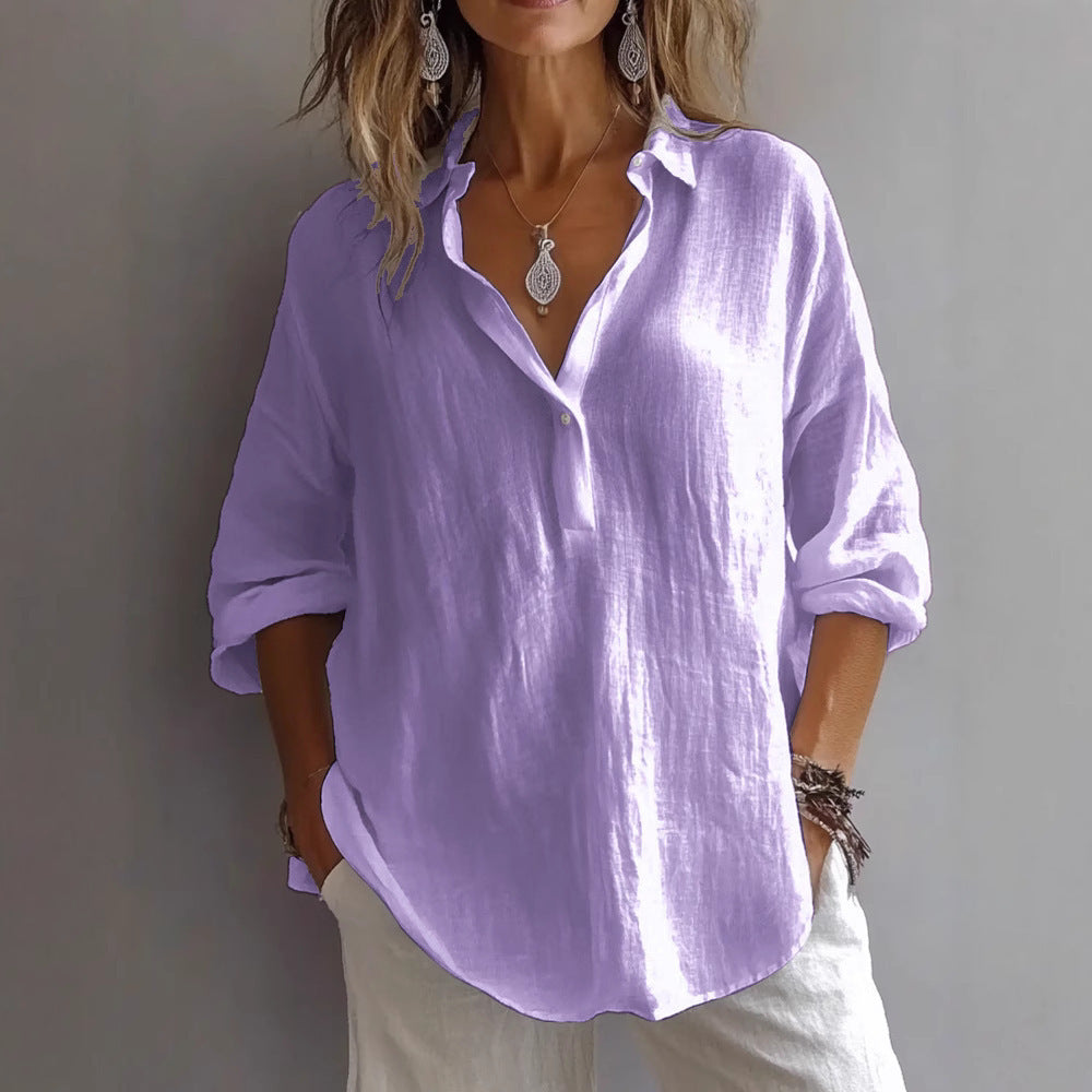 Women's Casual Linen Shirt with Button Placket and Wide Sleeve
