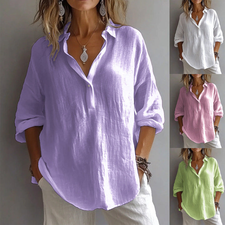 Women's Casual Linen Shirt with Button Placket and Wide Sleeve